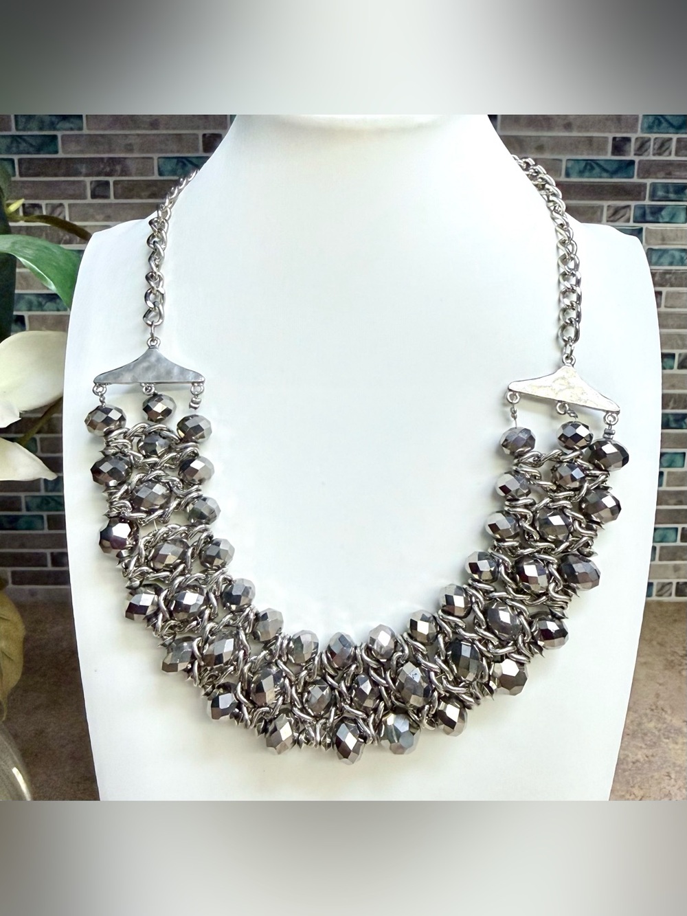 Metallic Silver Glass Bead Chain Necklace